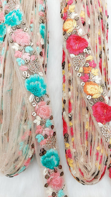 9 Yards Blue and Pink Soft Net Lace Trim Floral Embroidery and Gold Sequins, Floral Sari Border, Decorative Trim